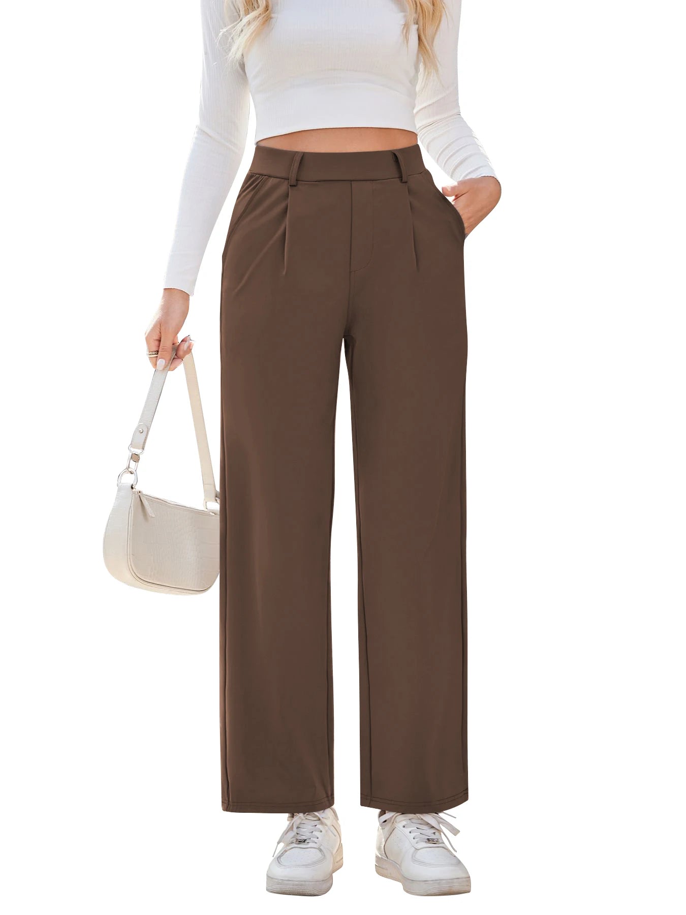 Flex High Waisted Work Pants Plicated Side Pockets Straight Leg Cargo Business Pants Straight-Leg Cut Breathable Versatile Wear