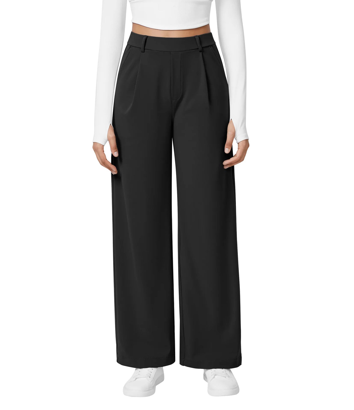 Flex High Waisted Work Pants Plicated Side Pockets Straight Leg Cargo Business Pants Straight-Leg Cut Breathable Versatile Wear