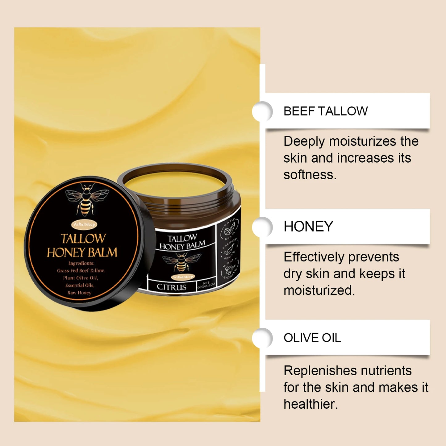 Beef Tallow Honey Balm Organic Grass Fed Whipped Moisturizer Cream Nourishes Hydrates Soft Smooth Skin Face Body Natural Lotion