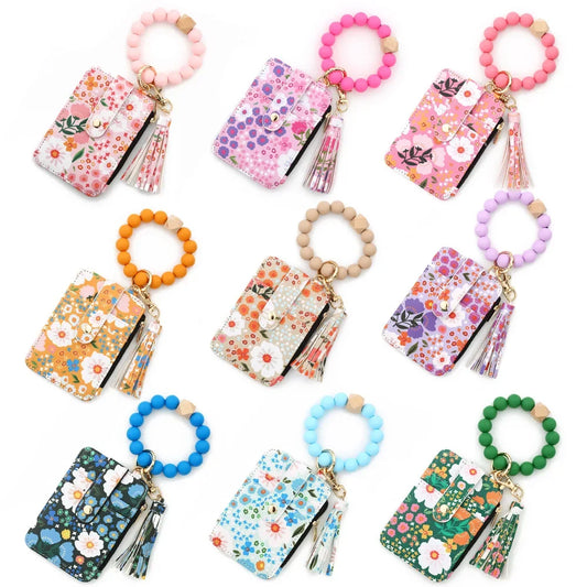 Boho Beaded Wallet Silicone Bead Bracelet Leather Card Bag Wristlet Keychain Wallet Bangle Floret Printed Fragmented ID Holders