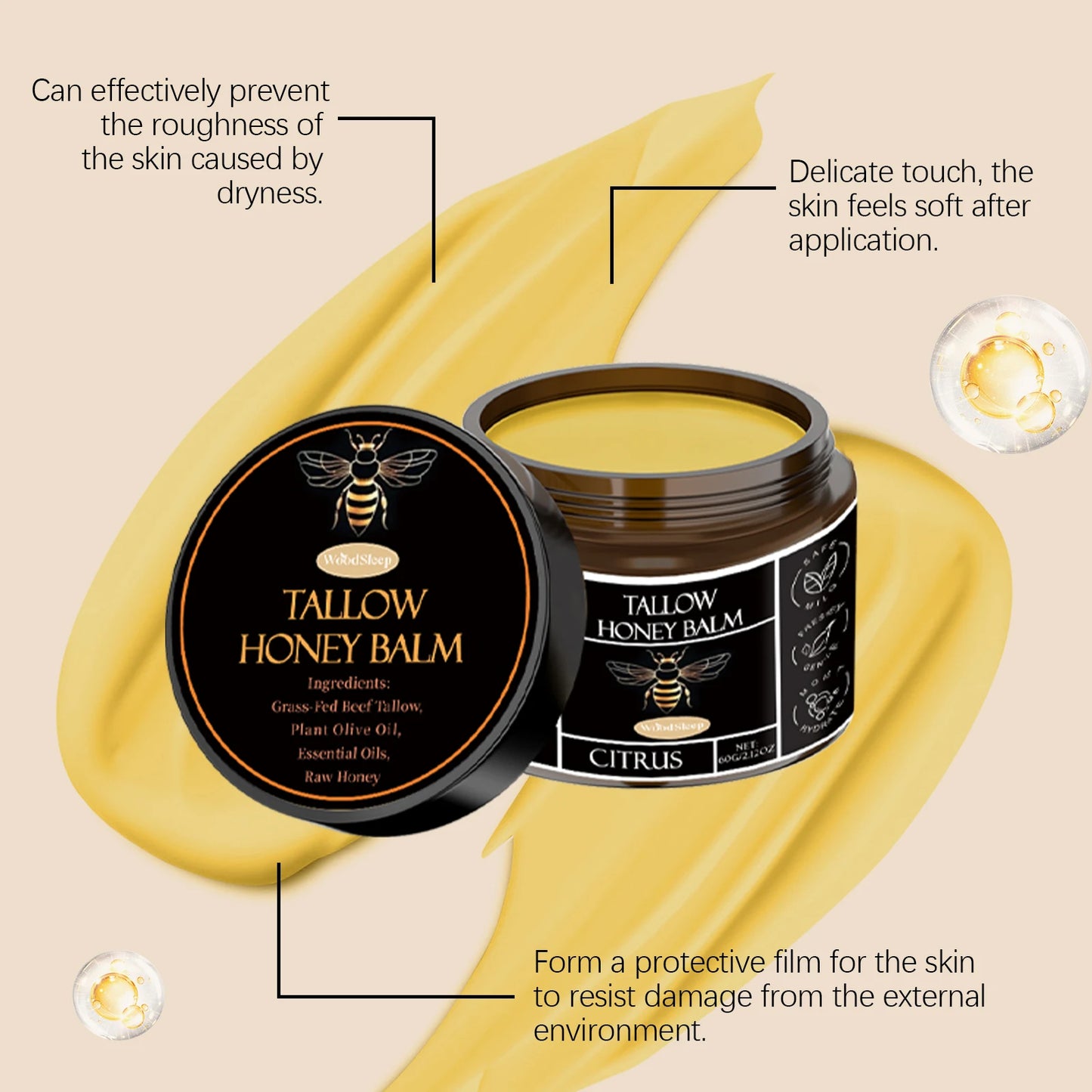 Beef Tallow Honey Balm Organic Grass Fed Whipped Moisturizer Cream Nourishes Hydrates Soft Smooth Skin Face Body Natural Lotion