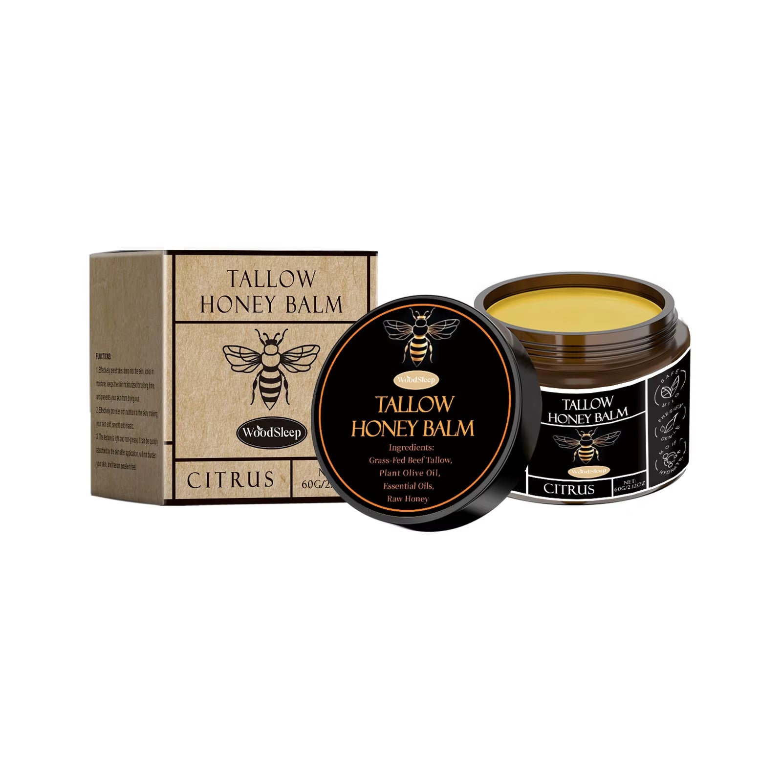 Beef Tallow Honey Balm Organic Grass Fed Whipped Moisturizer Cream Nourishes Hydrates Soft Smooth Skin Face Body Natural Lotion