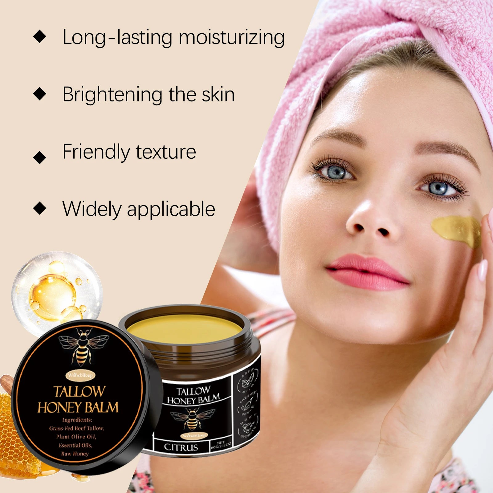 Beef Tallow Honey Balm Organic Grass Fed Whipped Moisturizer Cream Nourishes Hydrates Soft Smooth Skin Face Body Natural Lotion
